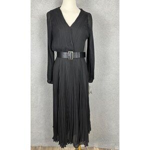 Taylor Women's Black Pleated Belted Fit & Flare Midi Chiffon Dress 12 NWT's.